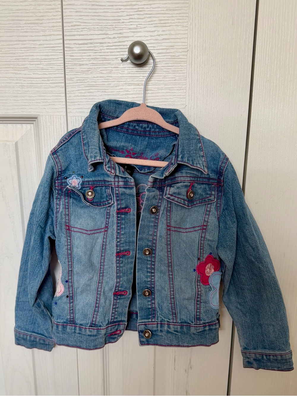 Arizona Jean Company Girls' Light Blue Denim Jacket with Pink Floral Accents